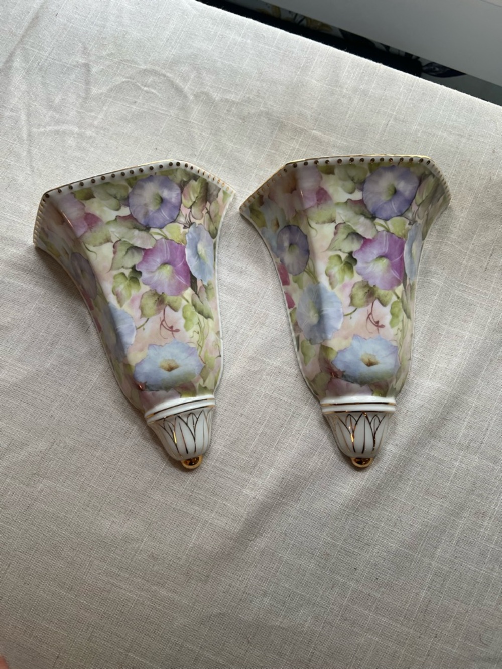 Formalities Baum Bros Morning Glory Chintz Floral Porcelain Wall Pockets Pair